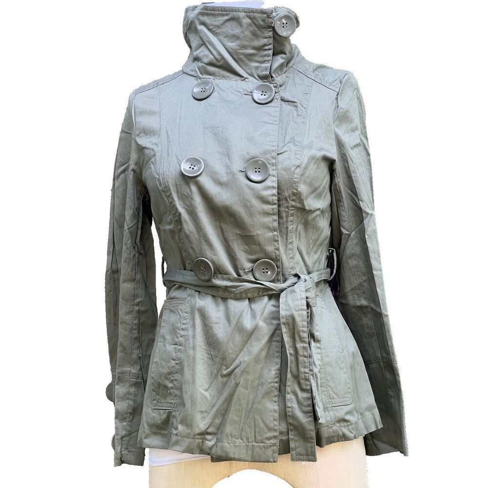 Last Kiss Olive Green Double Breasted Trench Coat 100% Cotton Sz M